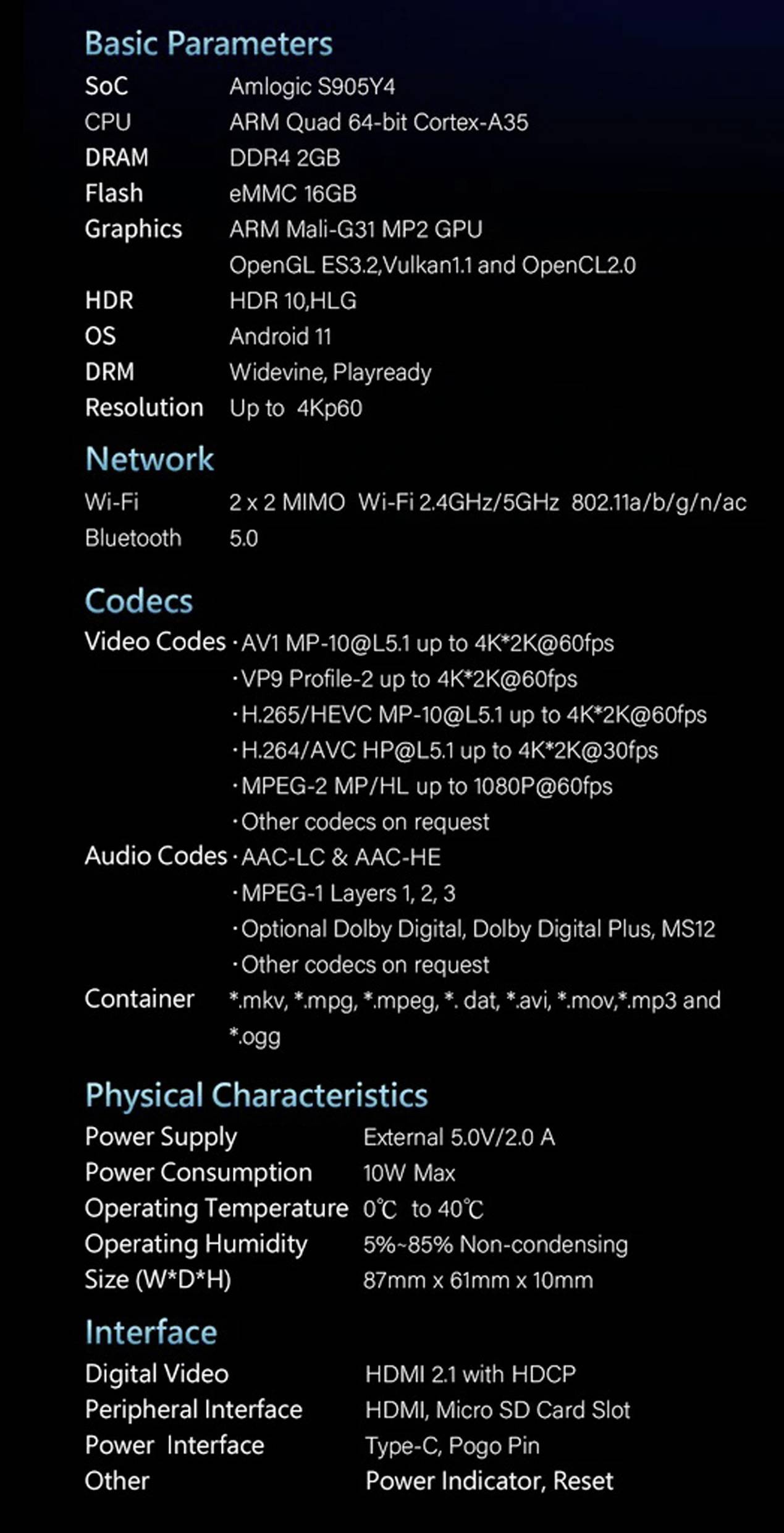 The image shows technical specifications of a device: processor, RAM, graphics, network, codecs, physical characteristics and interfaces.