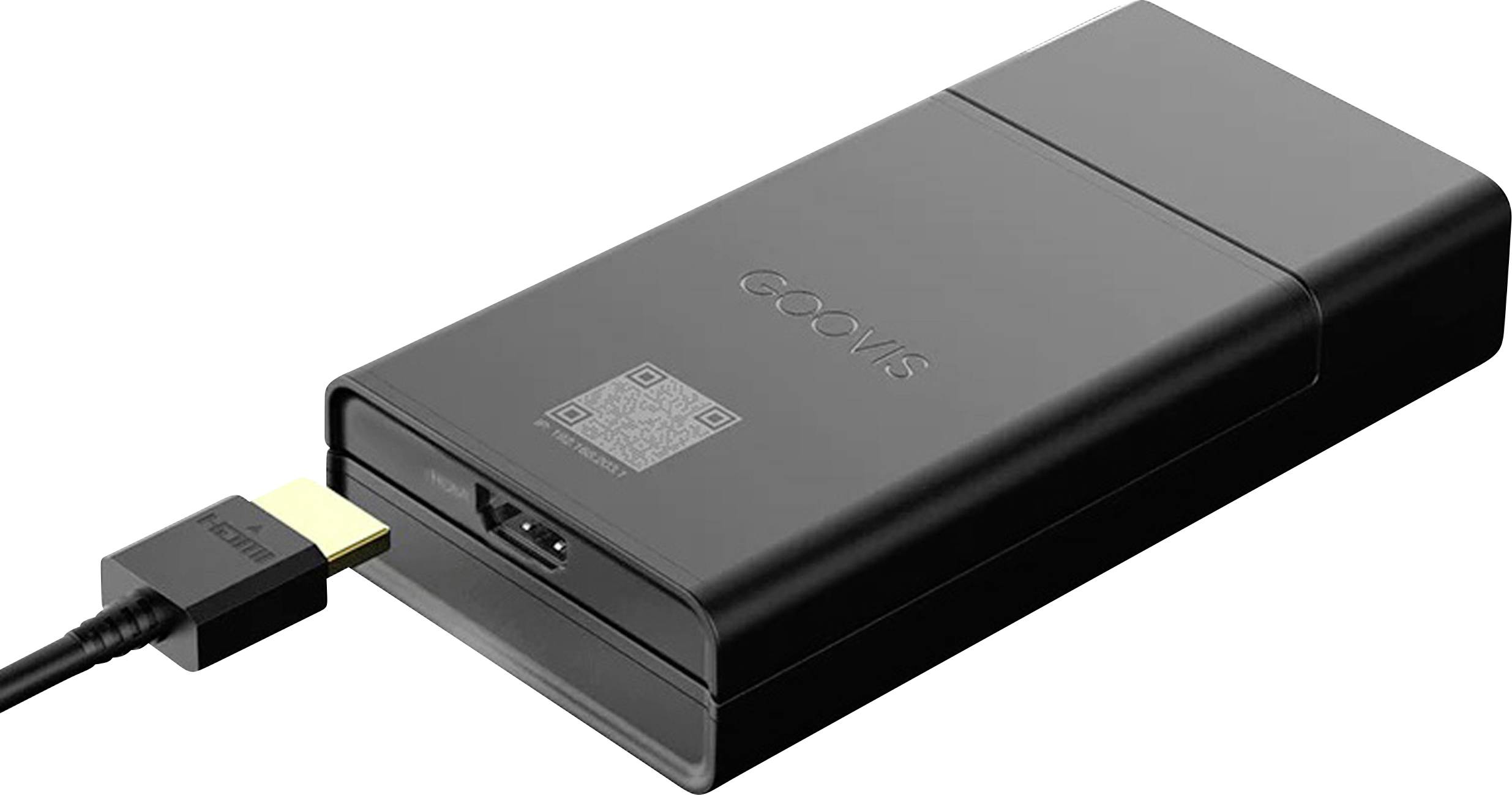 'Black electronic device labeled GOOVIS with a QR code and an HDMI port. An HDMI cable, partially shown, is positioned near the port.'
