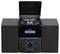 A black stereo system with two speakers and an open CD tray, in which a CD is placed. A display shows '10:49'.