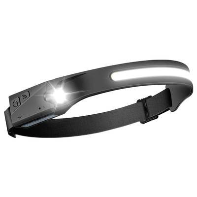 Head torch with adjustable headband, illuminating front light strip and side light, suitable for hands-free work in darkness.