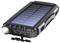 Portable solar charger with integrated torch light, two USB ports and a robust casing.