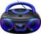 A portable CD player with blue and black details, illuminated speakers, and a digital display.