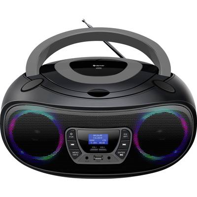 Portable CD player with radio, two speakers and colour-illuminated rings on a black casing.