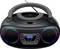 Portable CD player with radio, two speakers and colour-illuminated rings on a black casing.