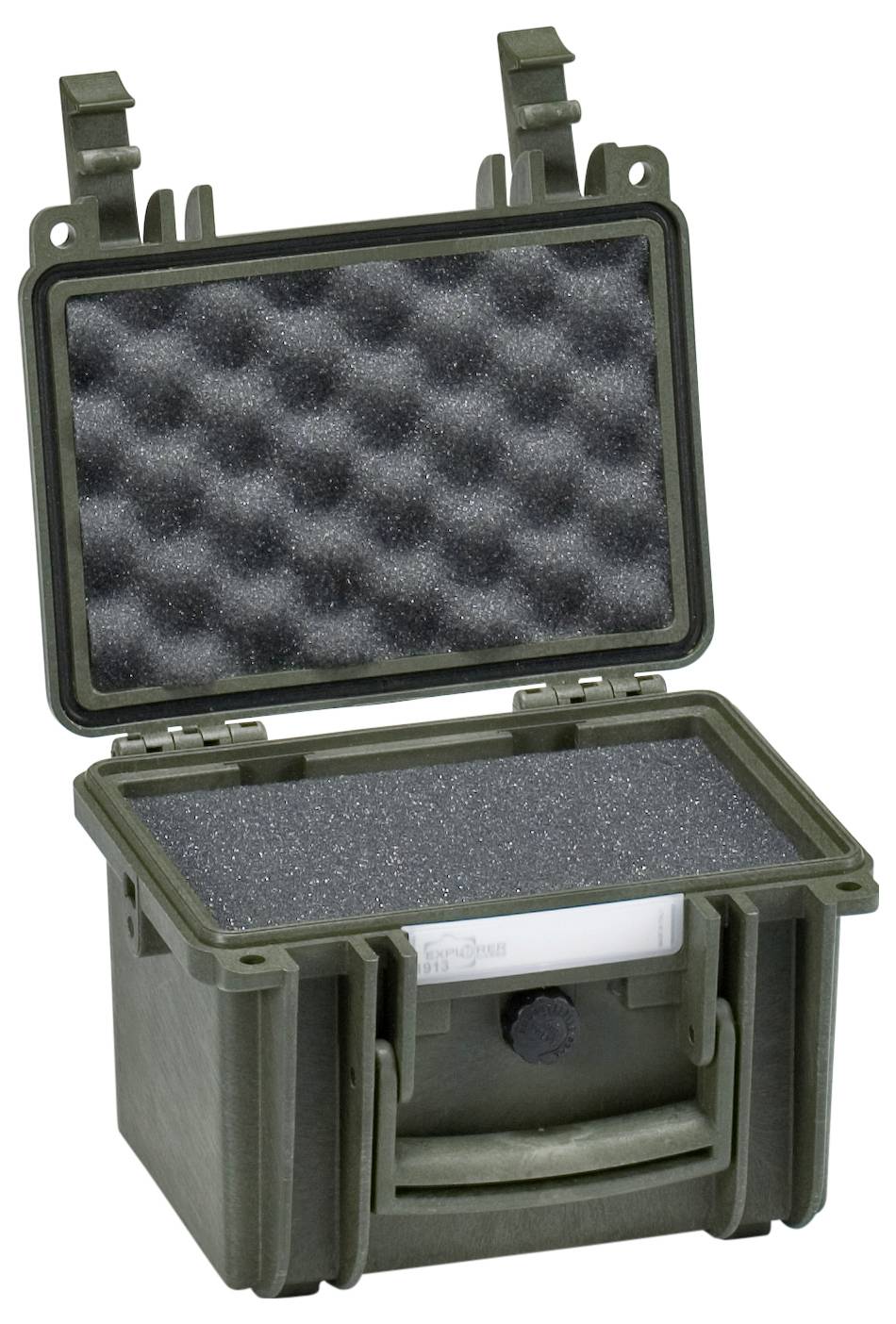 A robust, green transport case with foam lining, opened to protect delicate equipment or items.