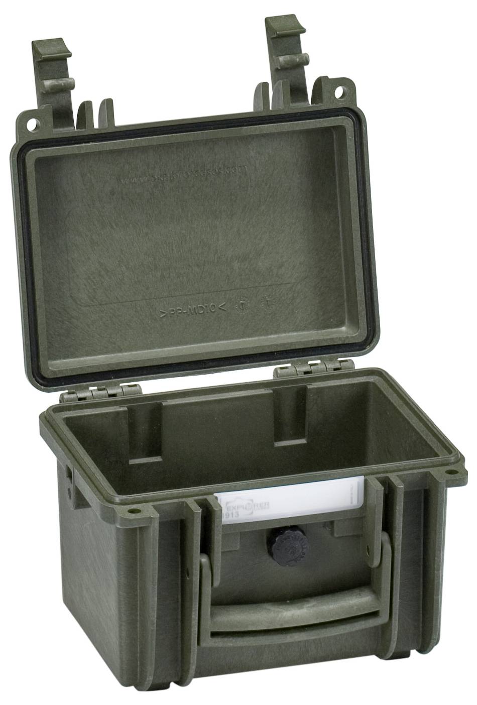 A robust, olive green, open plastic container with a lock mechanism, suitable for secure transportation and storage.