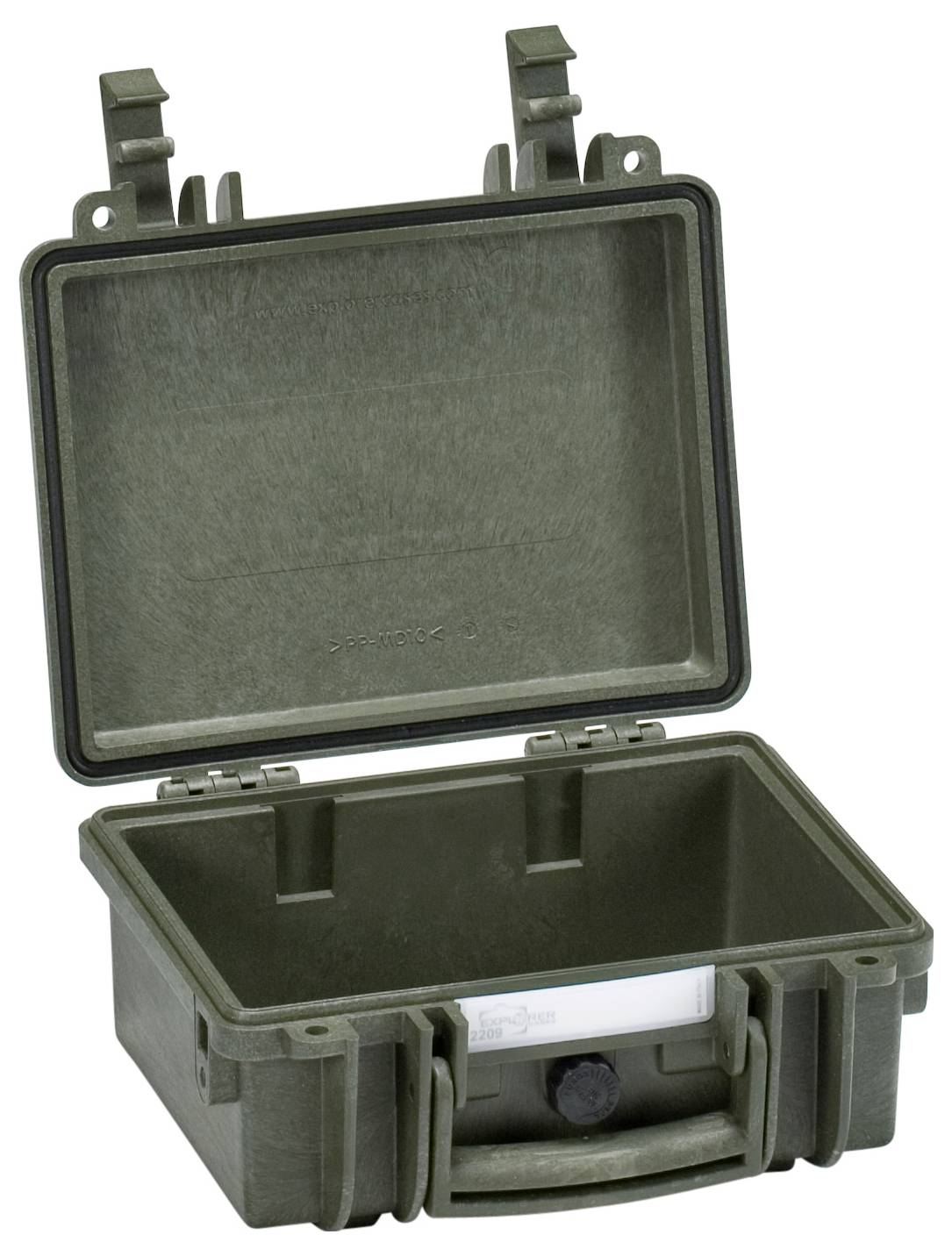Open olive green protective hard plastic case with foam compartments, suitable for safe transportation of delicate equipment.