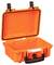 An open, orange protective case with two black latches and a handle, suitable for transportation and storage.