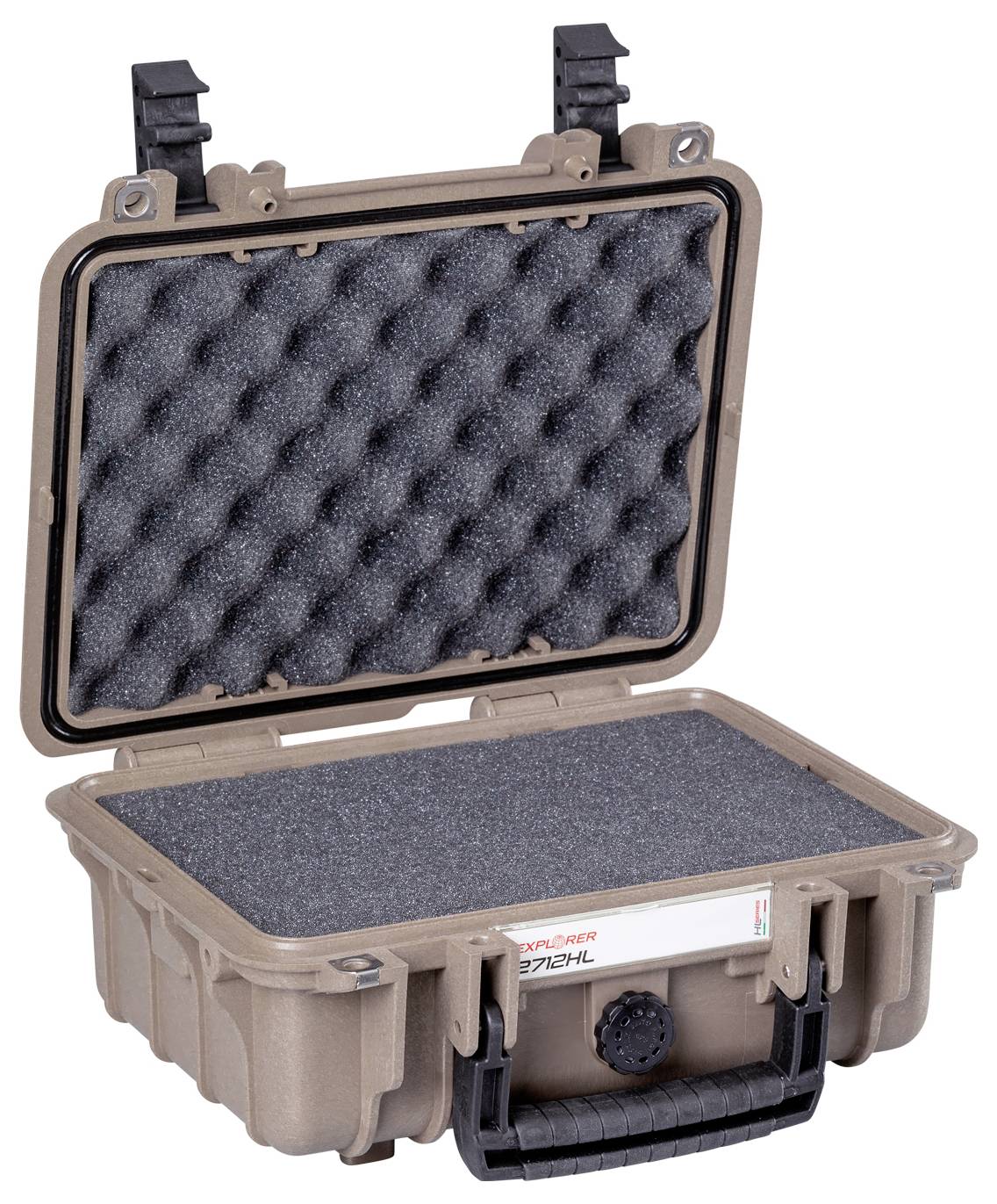 A sturdy, open case with foam padding and a carry handle. Suitable for securely transporting delicate items.