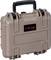 Beige, sturdy suitcase with a black handle and fastenings. Black label with the inscription: 'Explorer Cases'.