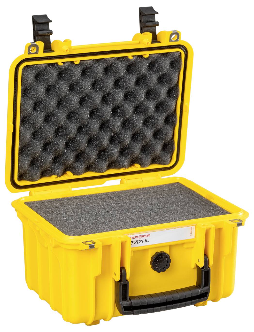 An open, yellow, padded hard-shell case with robust latches, suitable for securely transporting delicate items.
