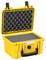 An open, yellow, padded hard-shell case with robust latches, suitable for securely transporting delicate items.