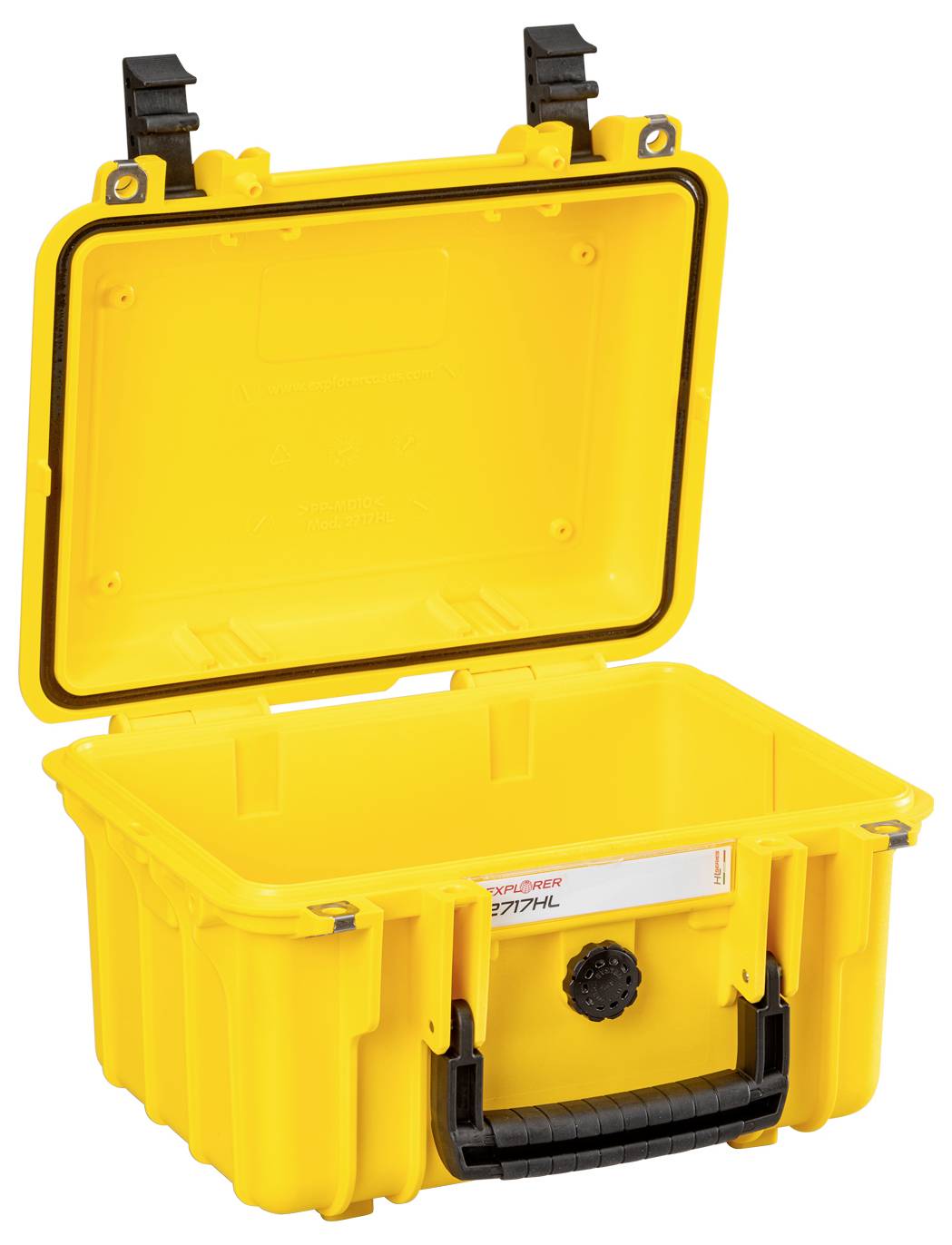 Open yellow protective case with black handle and foam padding inside, suitable for delicate equipment.