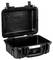 Open, empty, black hard-shell suitcase with reinforced corners and handle, suitable for the safe transportation of delicate items.