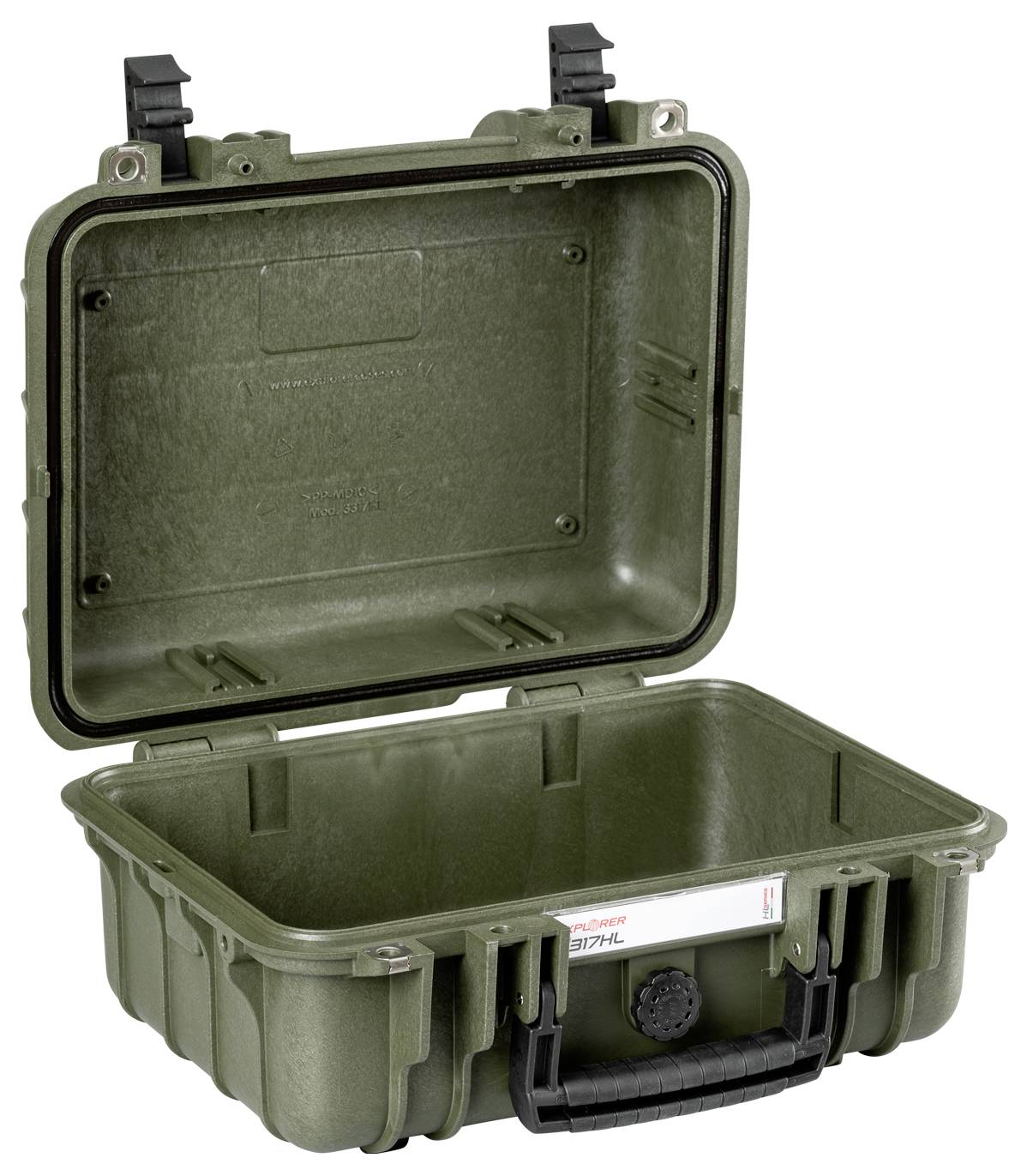 An open, green plastic toolbox with a black carrying handle and click fasteners on top, empty interior.