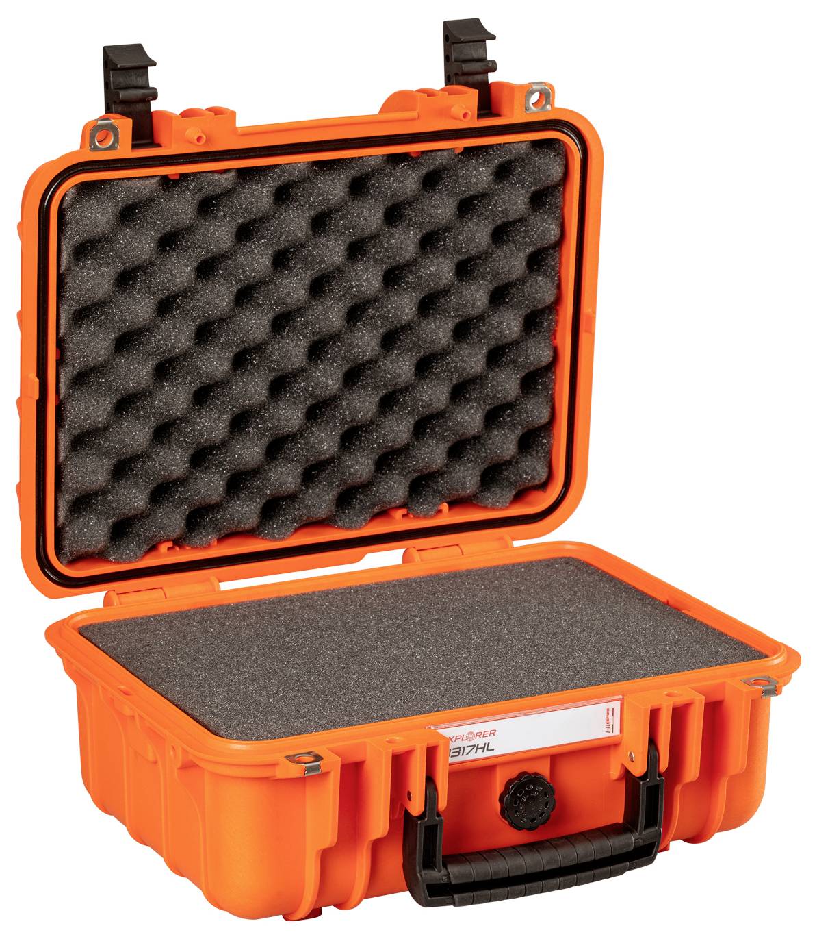 An orange hard-shell suitcase with an open lid reveals foam-padded compartments inside to protect delicate items.