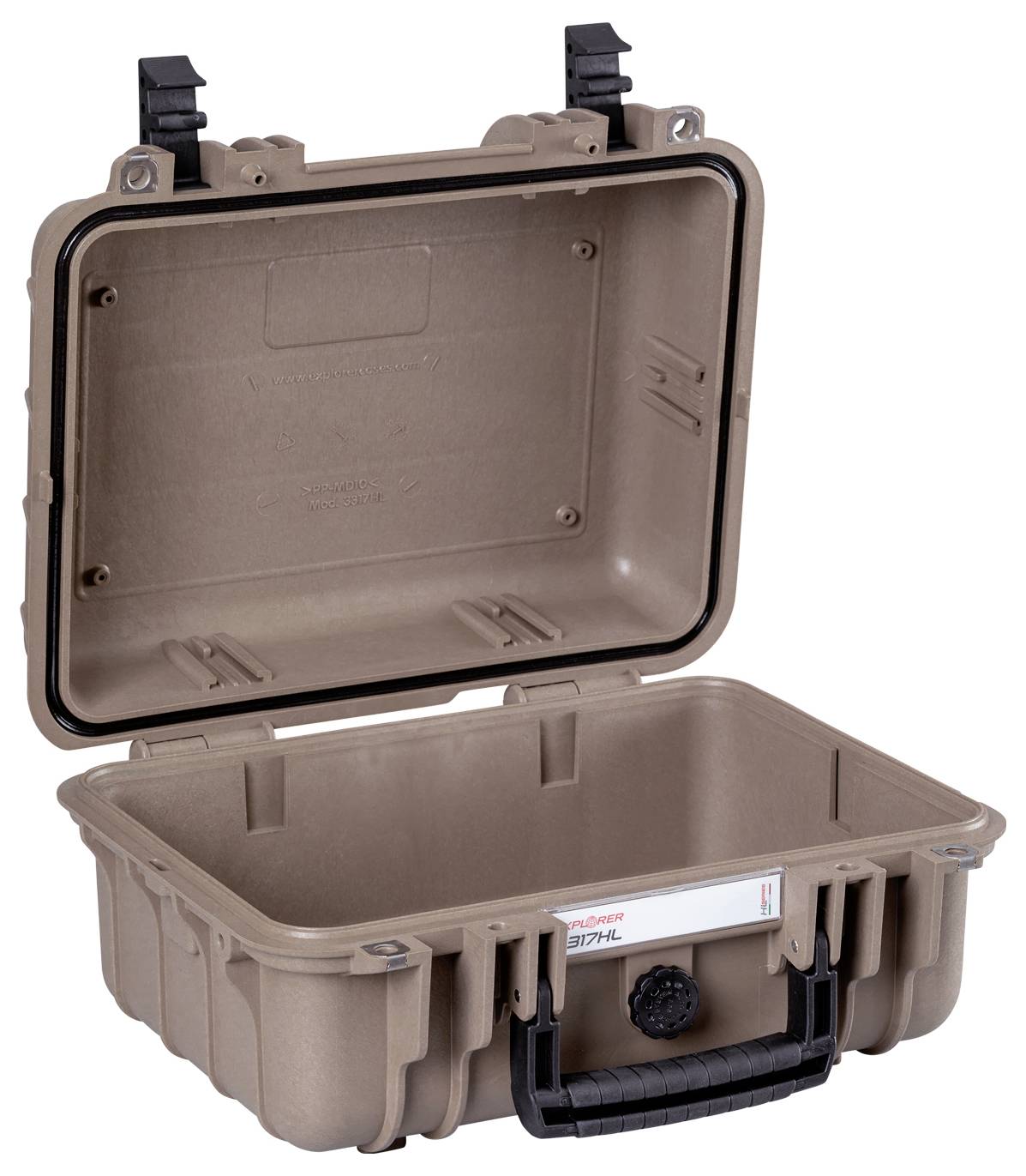 An open, brown, and empty hard-shell suitcase with a sturdy handle and two locks, suitable for transporting and protecting equipment.