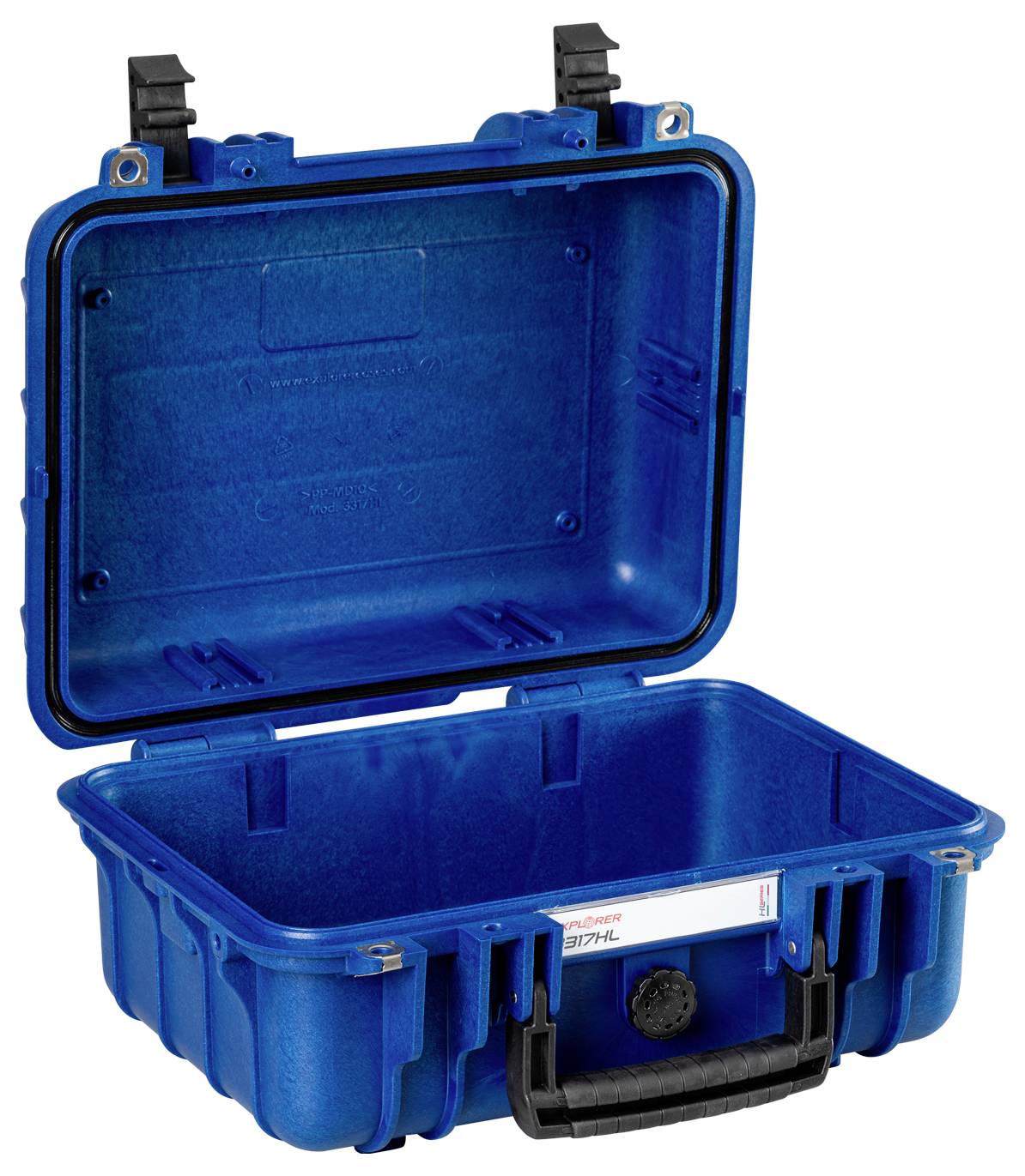 Blue, opened protective hard plastic case with a carry handle, suitable for the secure storage of delicate items.