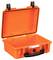 Open, orange protective case made of robust plastic with a black carrying handle and clasps, suitable for secure transportation.