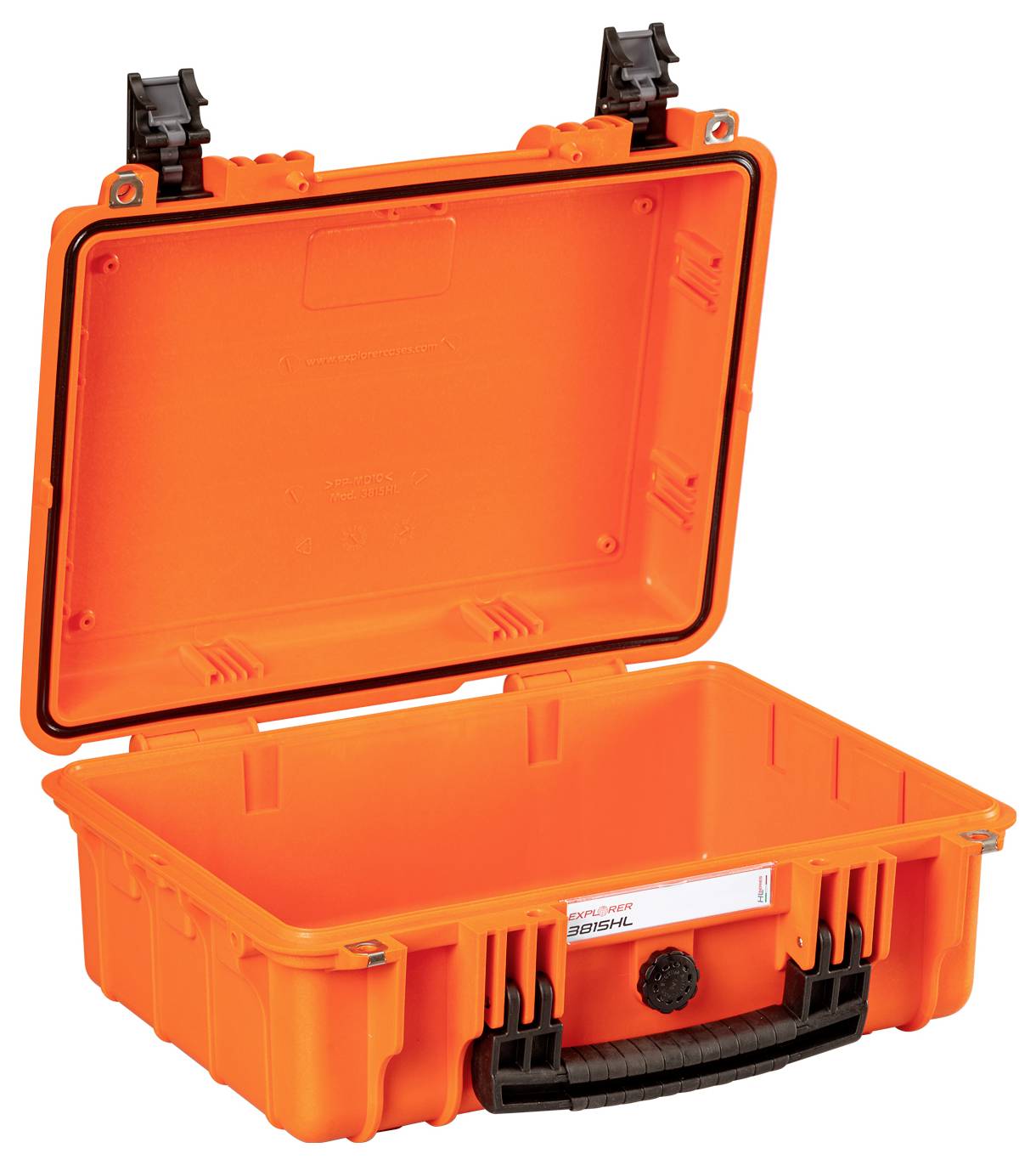Orange plastic tool case with an open lid, visible black handle, and foam padding inside.
