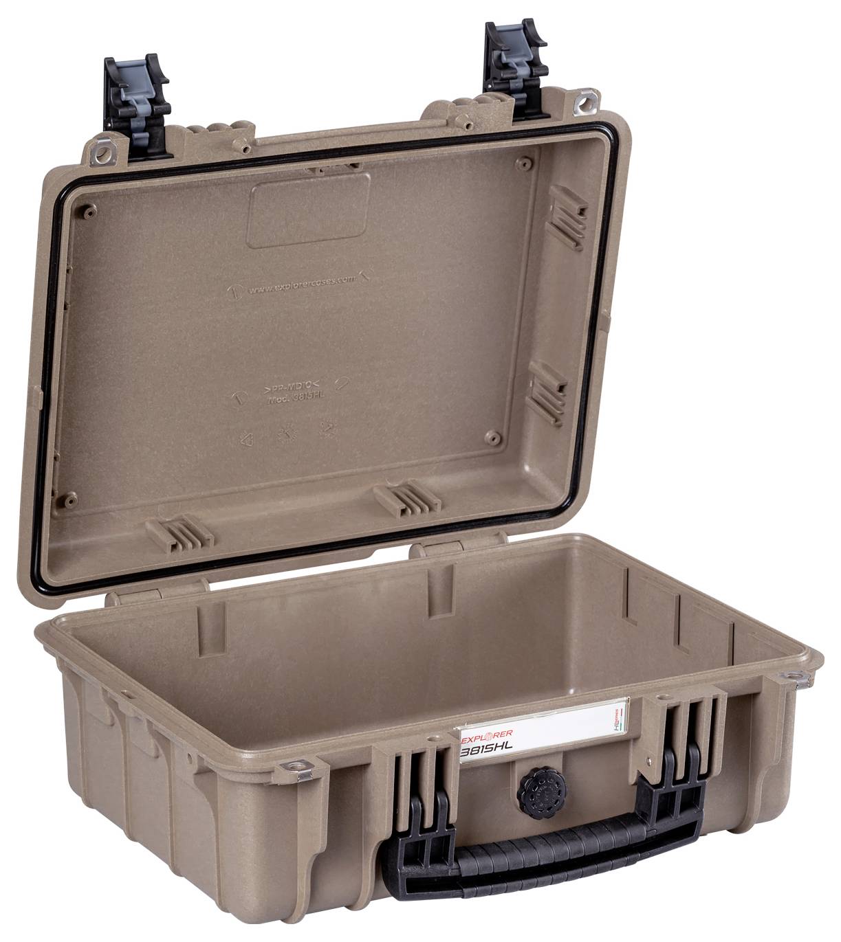 An open, brown plastic case with a black handle and locks. Suitable for the secure transportation and storage of items.