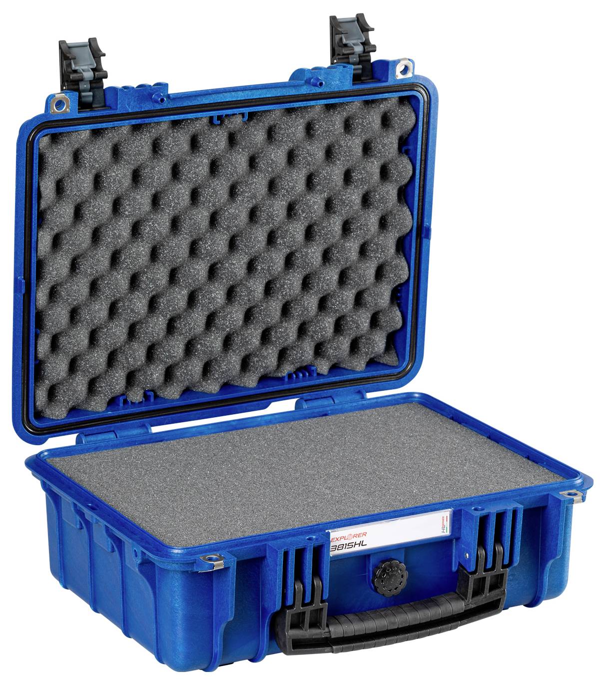 An open blue protective case with foam lining for the safe transportation of delicate items.