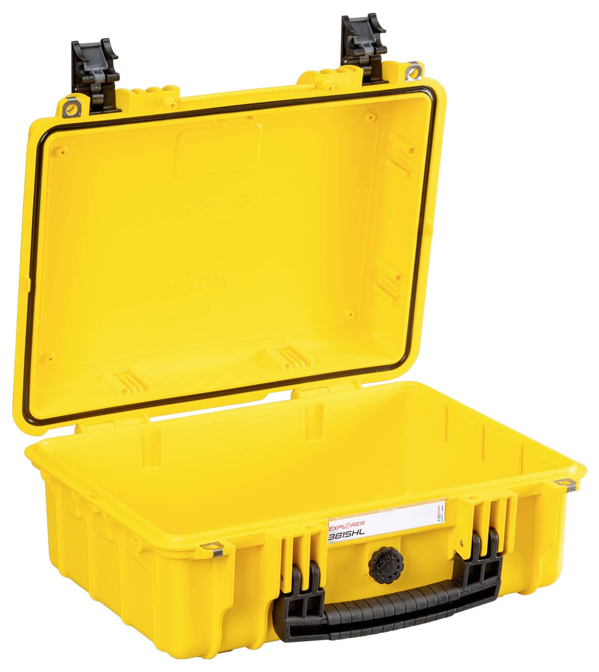 Open yellow waterproof transit case with black handle and fastenings. Suitable for secure transportation of delicate equipment.
