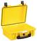 Open yellow waterproof transit case with black handle and fastenings. Suitable for secure transportation of delicate equipment.