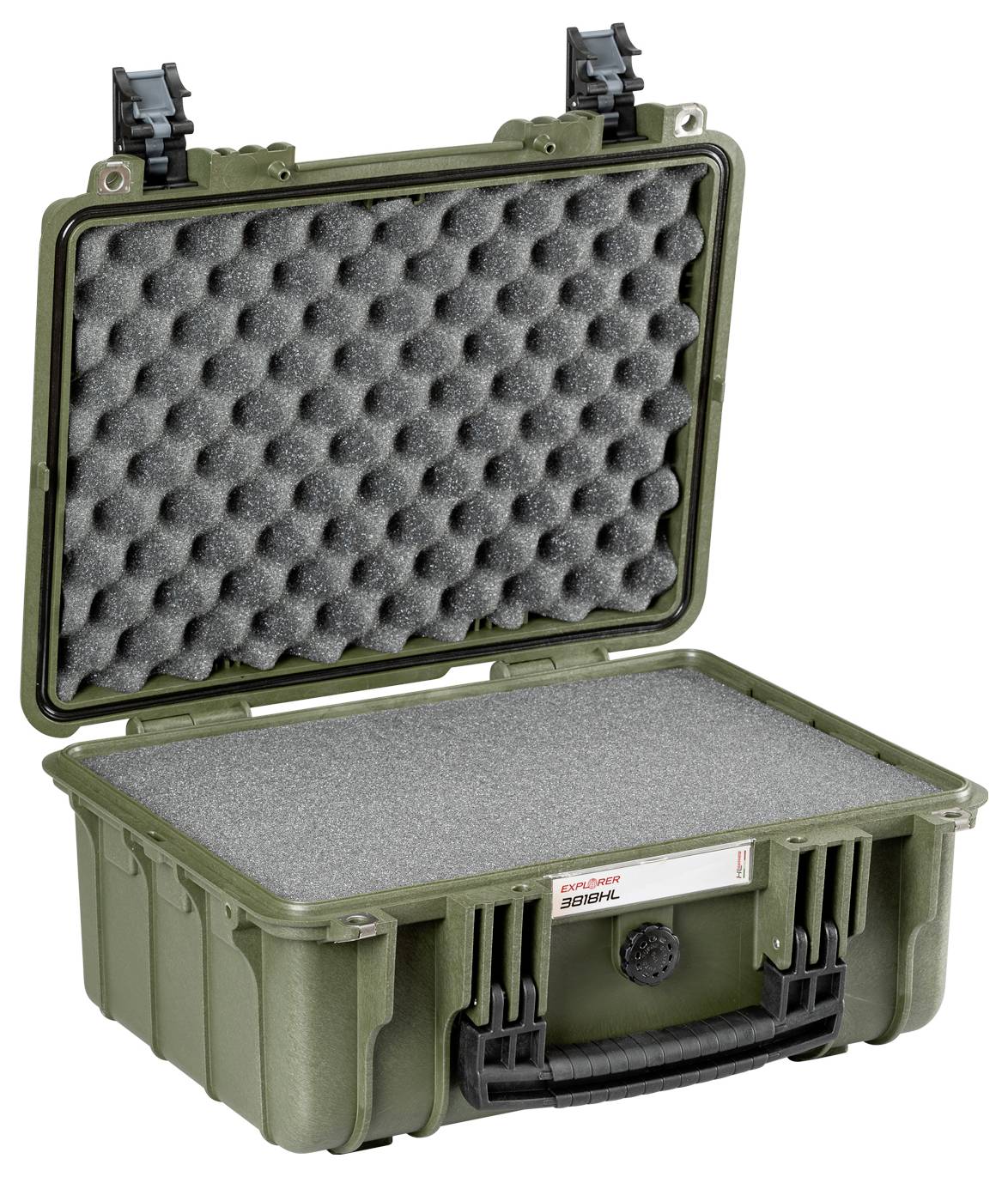 'Green, open hard-shell case with foam padding inside, suitable for safely transporting delicate items.'
