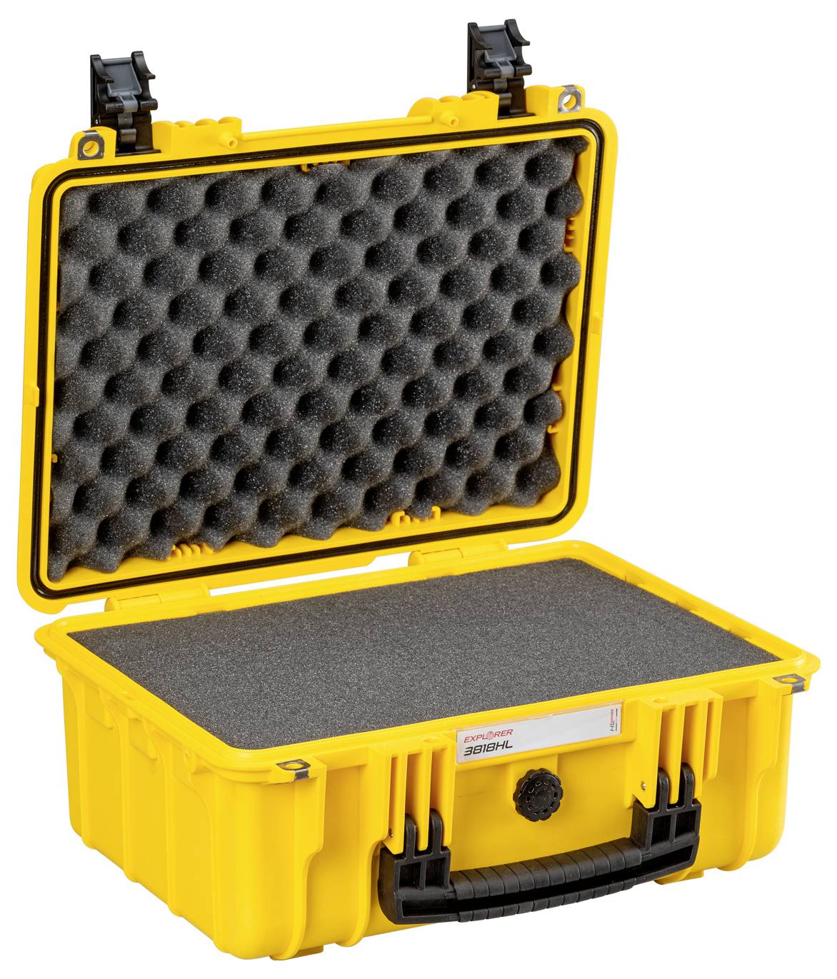 Yellow, hinged protective case with foam padding inside, designed for the safe transportation of delicate items.