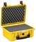 Yellow, hinged protective case with foam padding inside, designed for the safe transportation of delicate items.