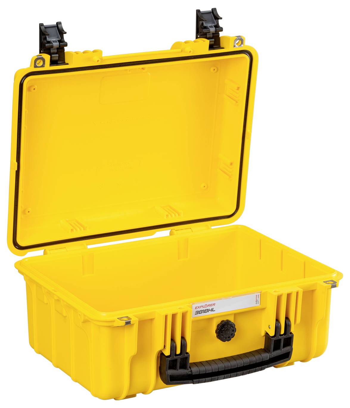 Yellow, robust suitcase with an open lid and black handle. Ideal for transporting or storing delicate equipment.