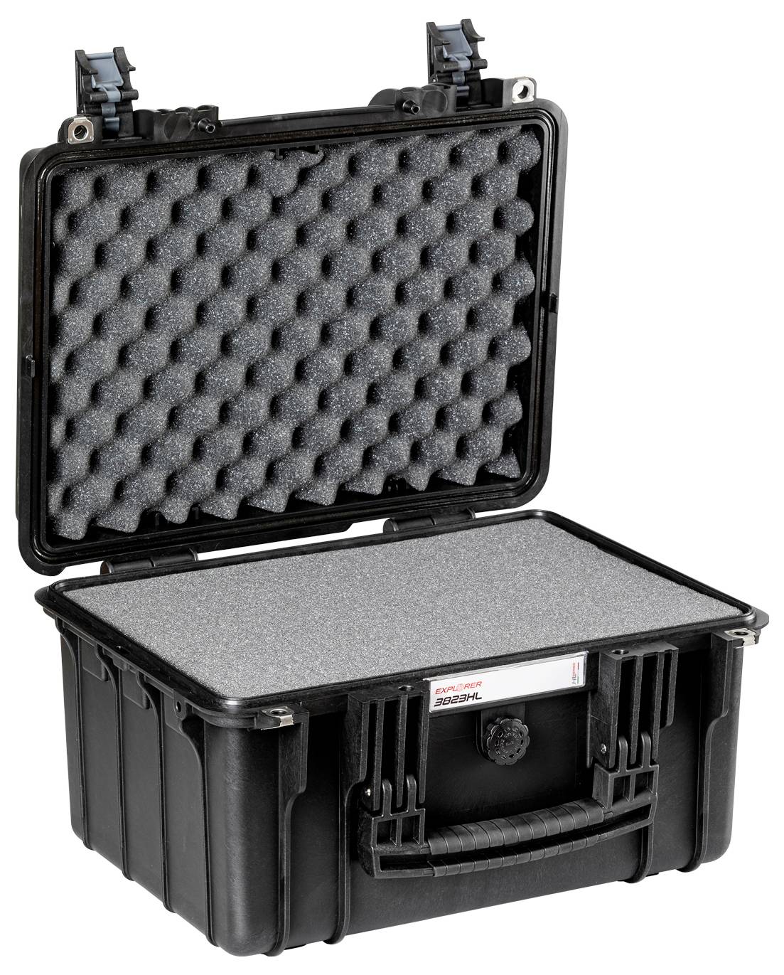 'Black, open hard-shell case with foam lining, suitable for protecting delicate items during transportation.'