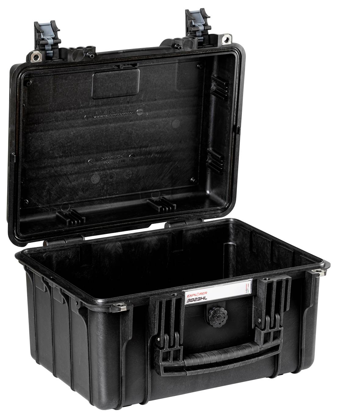 Black, opened protective case with carry handle and removable foam insert, suitable for transport and storage.