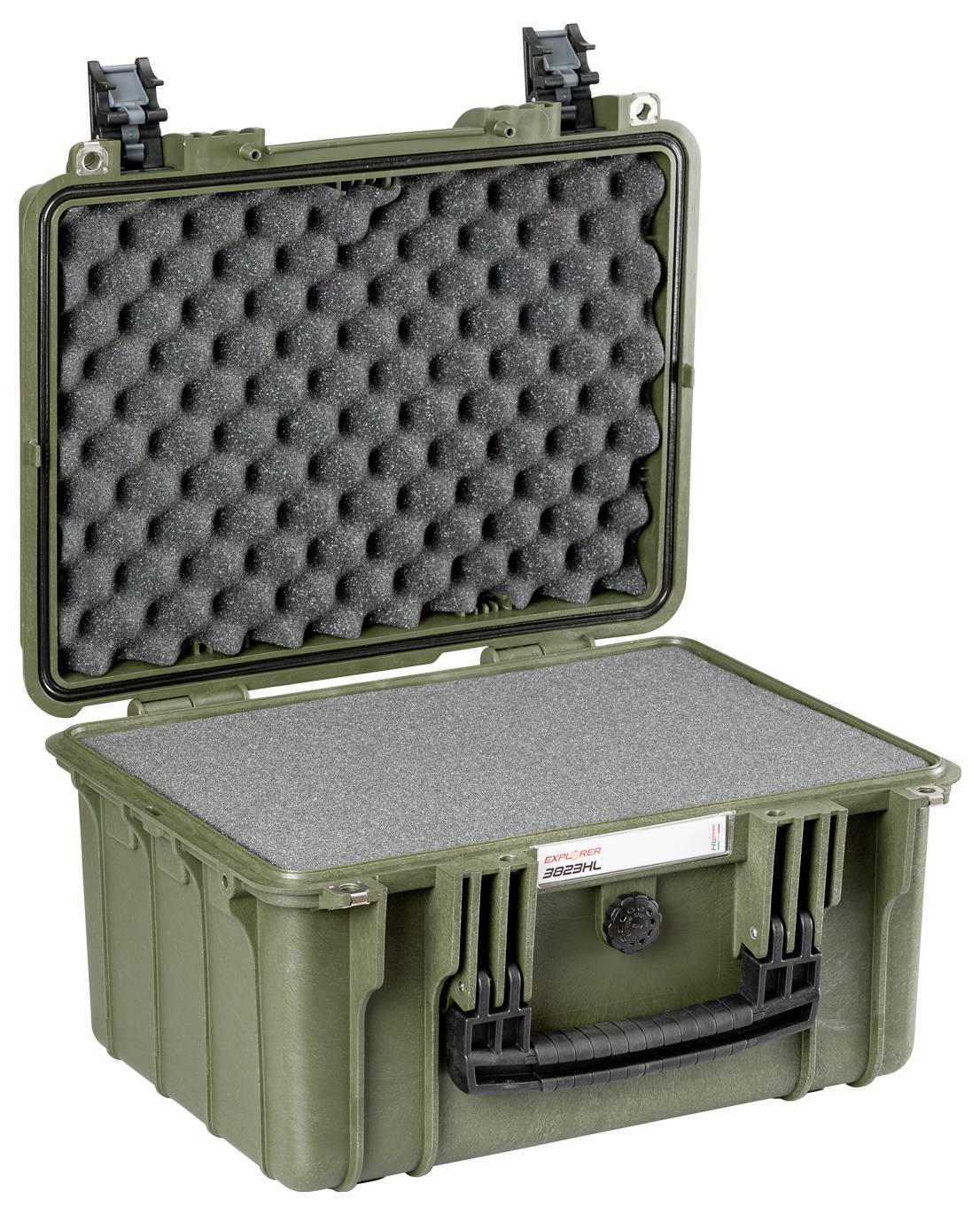 An open olive green protective case with foam padding inside, suitable for the secure transportation of delicate items.