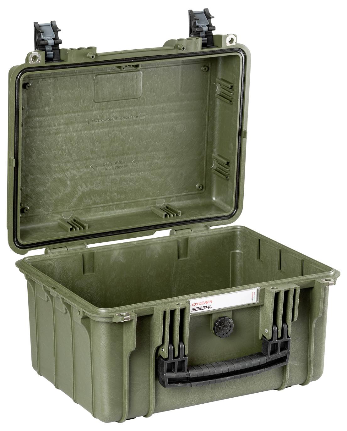 Green protective case with open lid, showing empty interior and robust locks, ideal for safely transporting sensitive equipment.