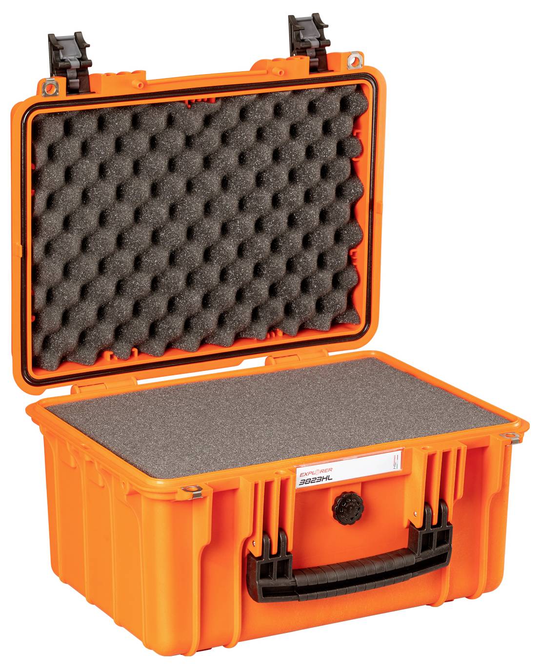 Open orange protective case with foam-padded interior, suitable for the safe transportation of delicate items.
