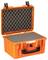 Open orange protective case with foam-padded interior, suitable for the safe transportation of delicate items.