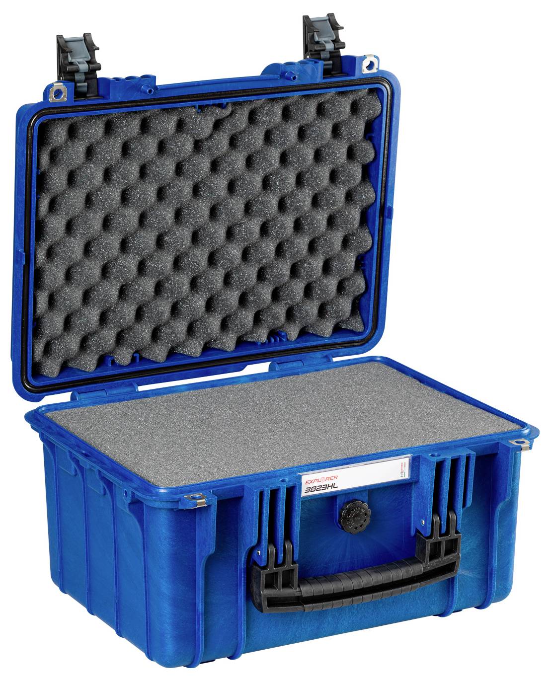 Opened blue protective case with foam lining for the secure transportation of delicate items.