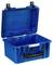Blue protective case with open lid and two locks. Inside it is empty and has a robust construction for secure transport.