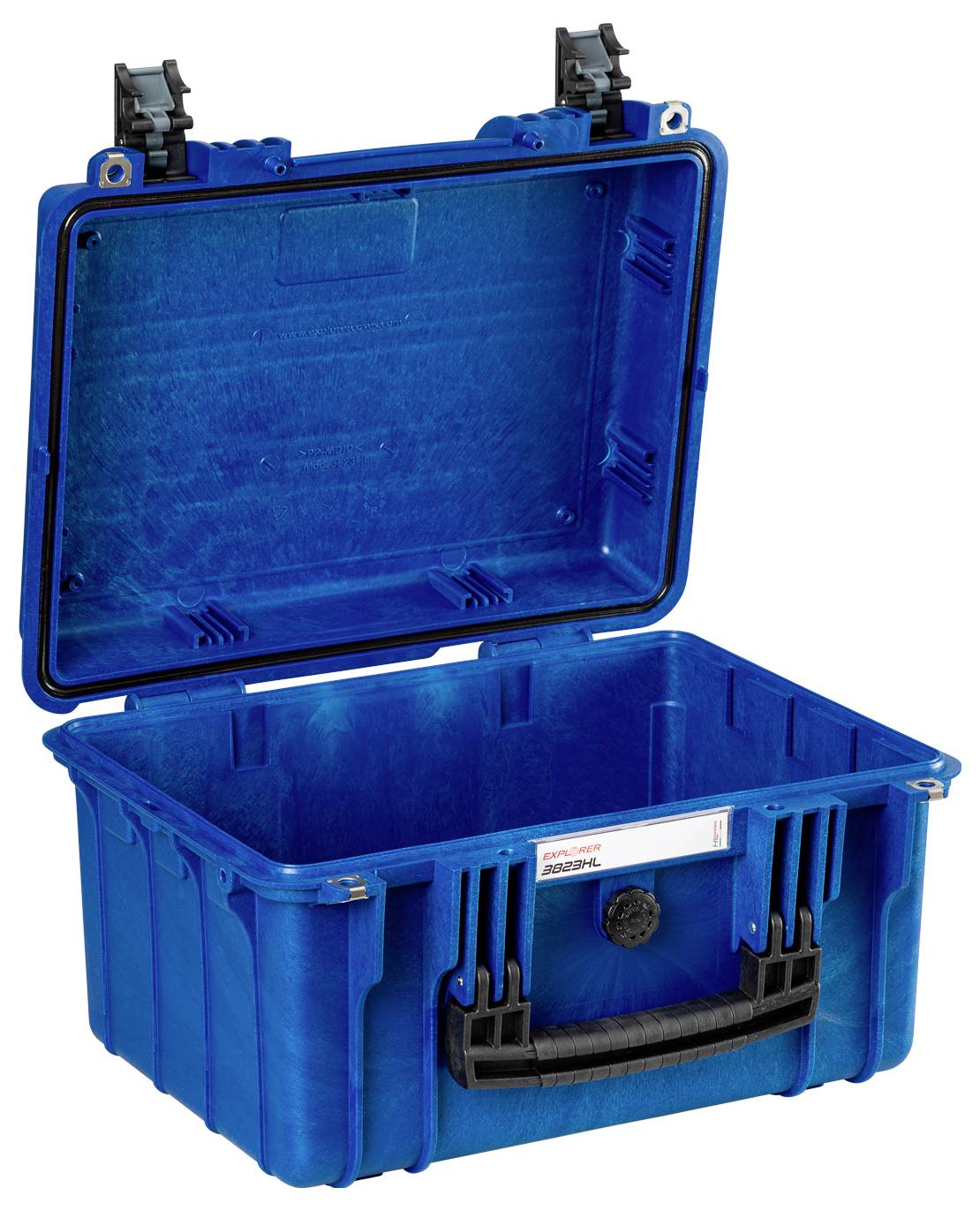 Blue, robust plastic case with an open lid and black handle, suitable for securely storing equipment or tools.