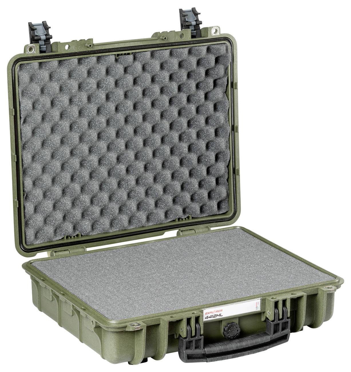 A green protective case, opened with foam padding, suitable for the safe transportation of delicate equipment.