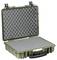 A green protective case, opened with foam padding, suitable for the safe transportation of delicate equipment.
