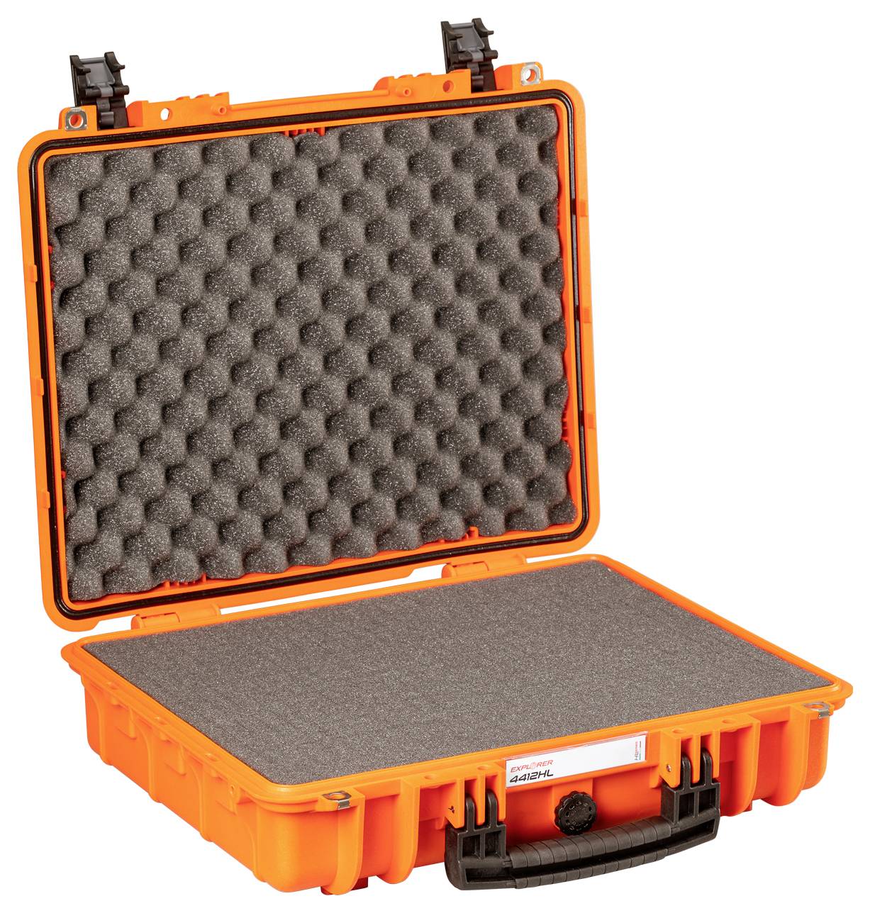 Orange, hard-shell case with black foam padding. Ideal for safely transporting delicate items.
