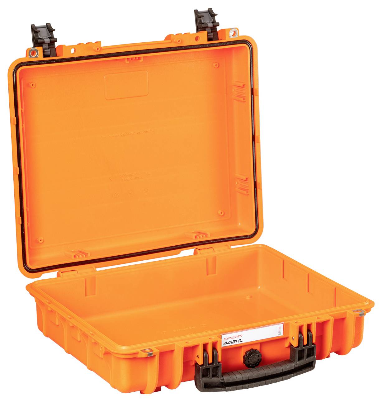 An open, orange hard-shell suitcase with black locks and handles reveals an empty interior compartment.