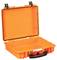 An open, orange hard-shell suitcase with black locks and handles reveals an empty interior compartment.