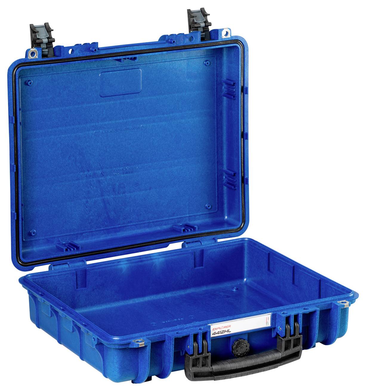 Blue, open protective case with foam interior lining for secure transportation of delicate equipment. Handle and two latches visible.