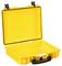 Yellow, open tool case made from durable material with a black handle. It is empty and shows smooth interior walls.