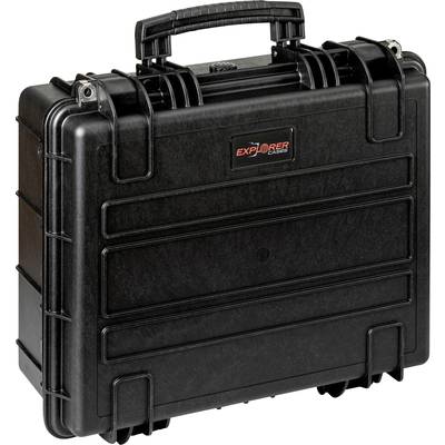 Black, robust suitcase with carry handle, brand logo "Explorer Cases" on the front. Suitable for secure transportation.