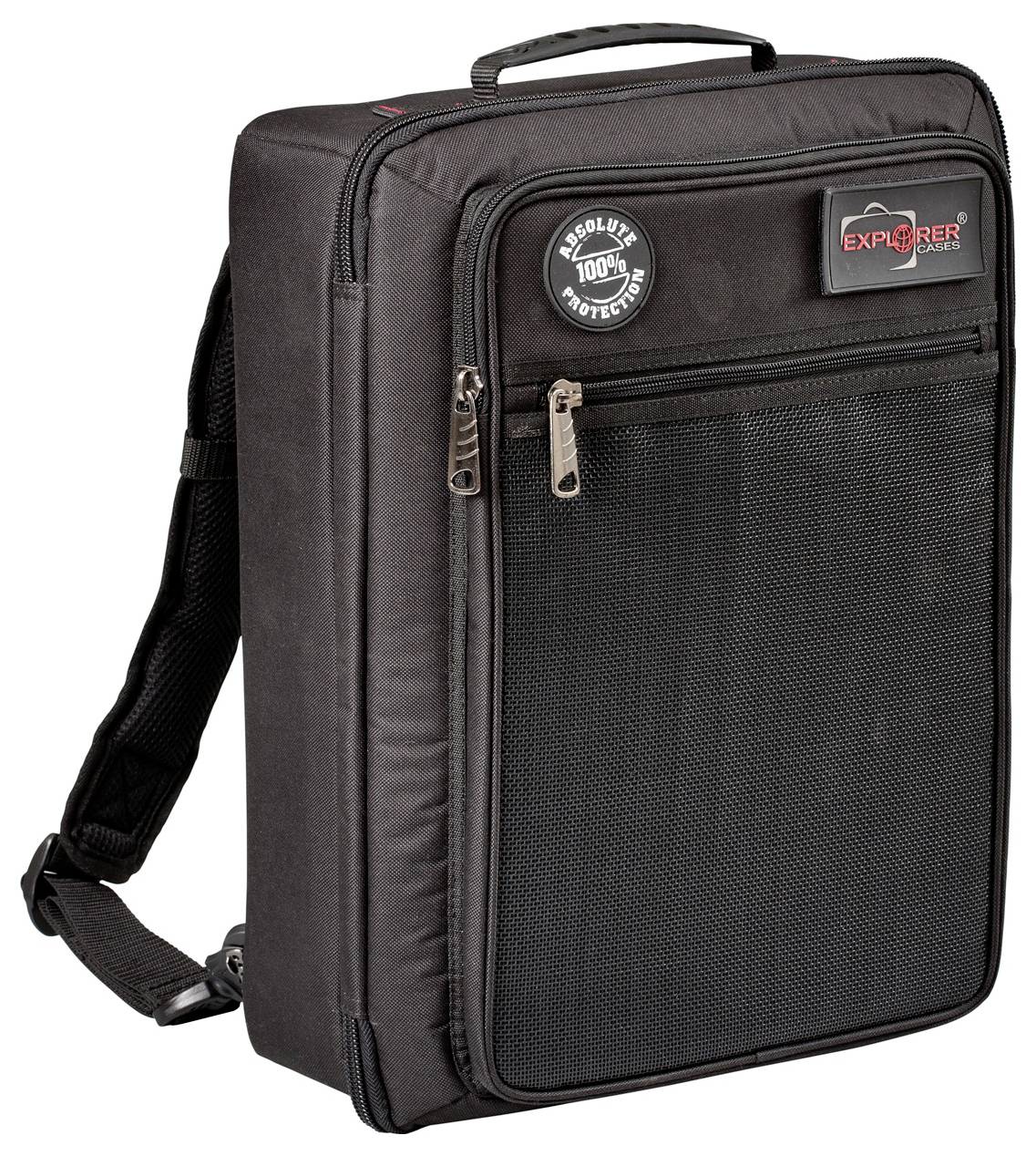 Black rectangular rucksack with an 'Explorer' logo and zips; suitable for laptop storage.